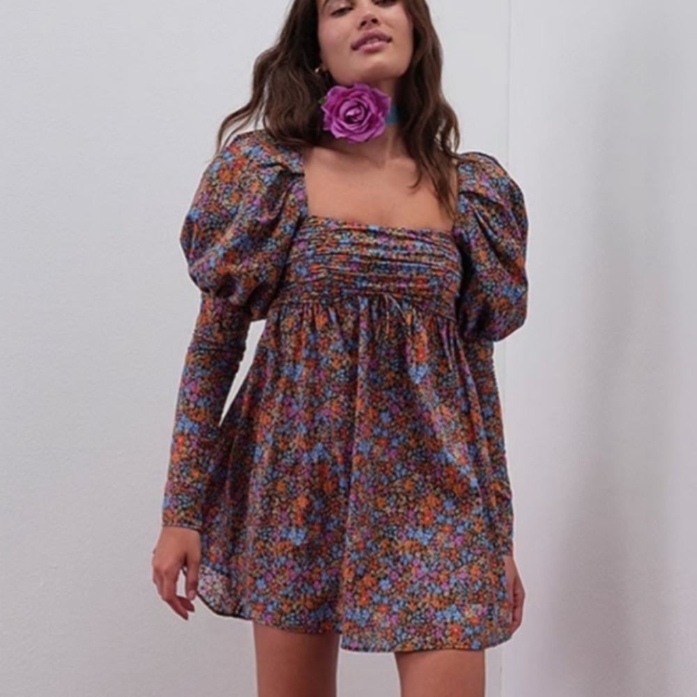 New!For Love And Lemons Brittany Long Sleeve‎ Floral Print Mini Dress - Picture 3 of 10